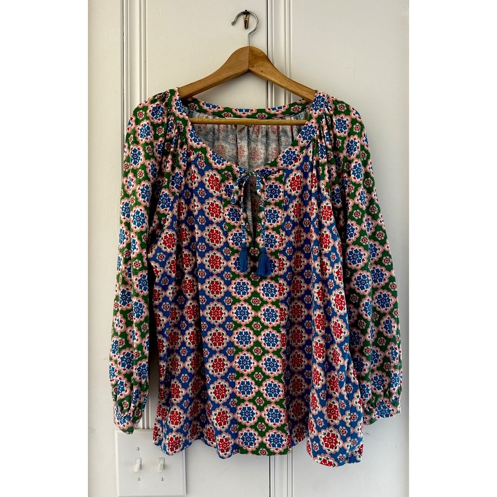 Boden Boho Floral Blouse Tassel Tie Neck Blue Red Folk Print Peasant Top L